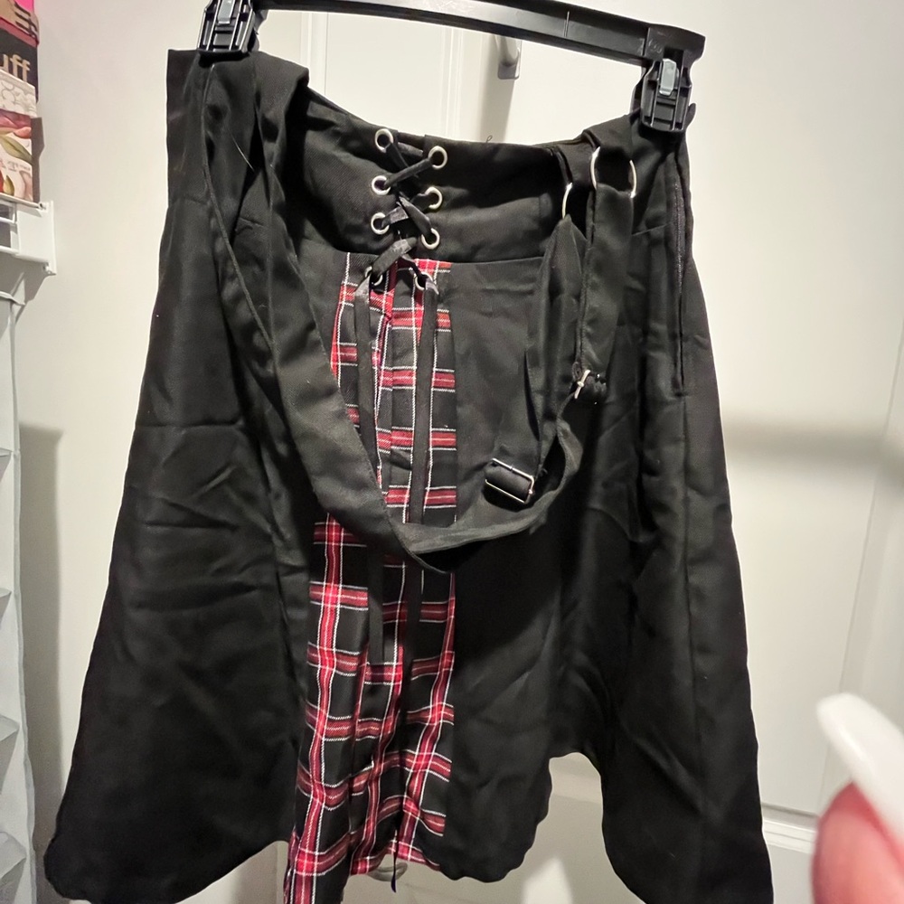 Black and Red Asymmetrical Tie Front Skater Skirt
